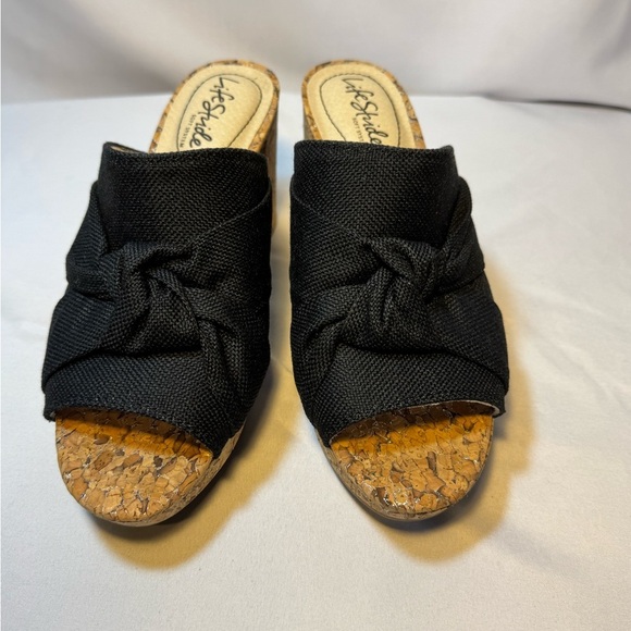 Life Stride Black Wedge Sandals Size 6.5 – Cork Heel, Open Toe, New - Picture 2 of 9
